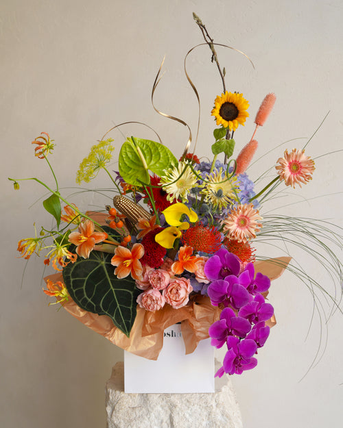 Colorful bouquet of flowers with a plain background